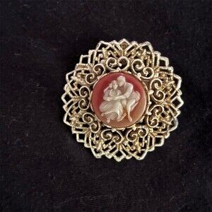 Vintage Cameo Brooch Pin Womens Round Filigree Floral Frame Cream White